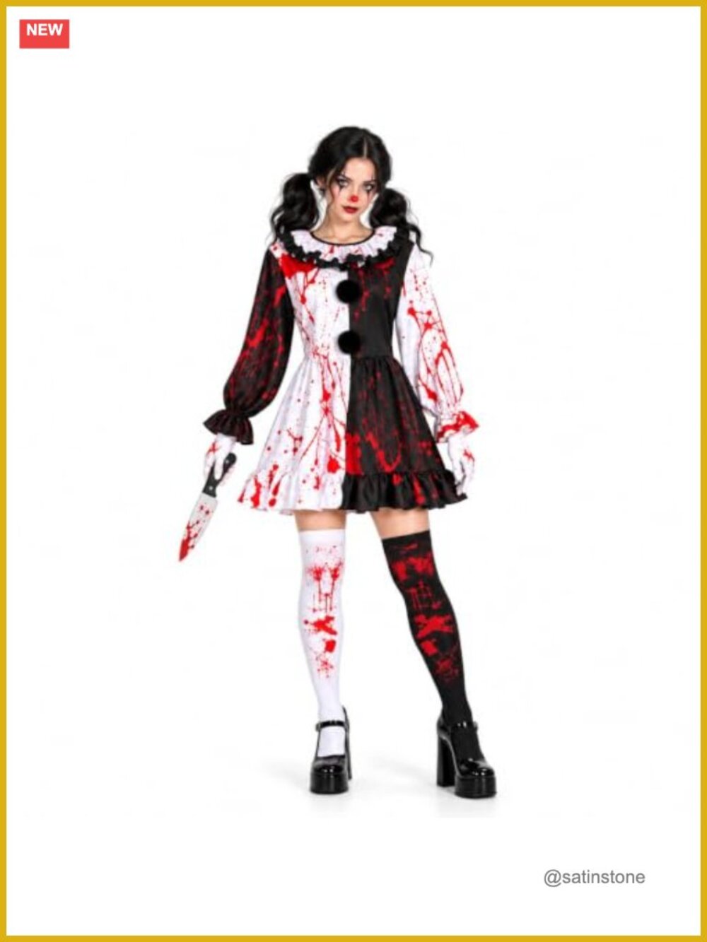 Women's 4 Piece Clown Costume Set Dress Gloves Stockings Halloween Cosplay